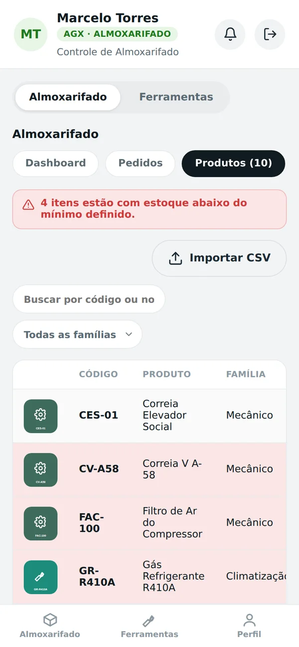 Tela de produtos do almoxarifado com alerta de estoque mínimo
