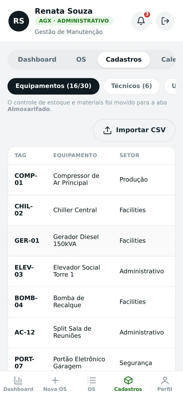 Cadastro de equipamentos com classe ABC
