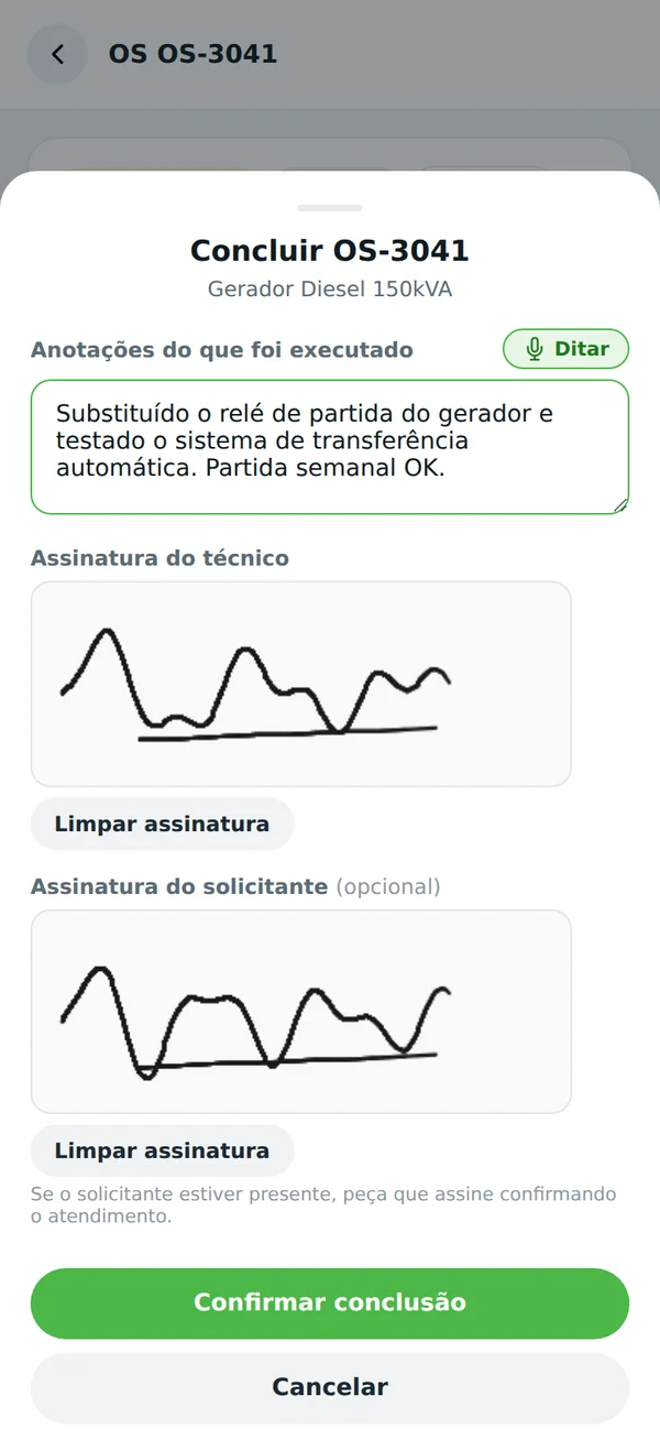 Tela de conclusão da OS com ditado por voz e assinaturas