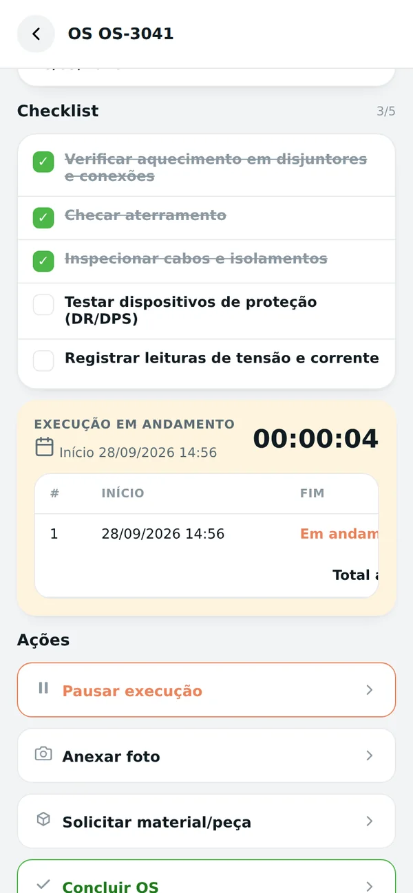 Execução da OS com checklist e cronômetro
