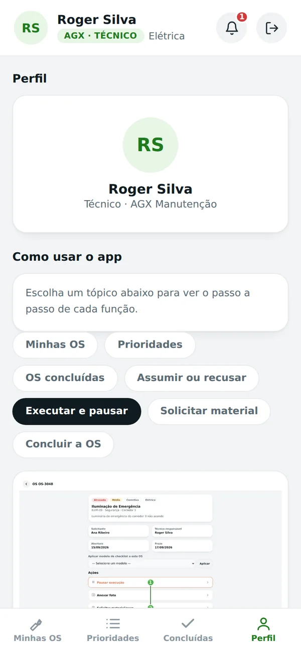 Guia de uso do app por perfil
