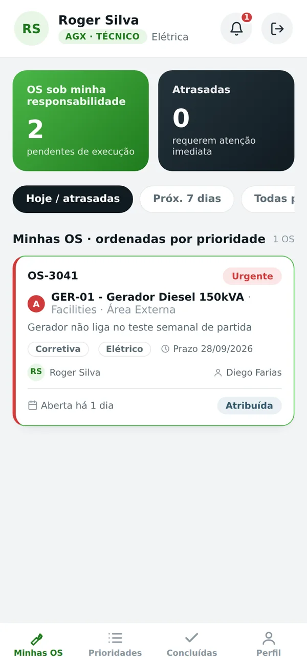 Tela Minhas OS do técnico no App AGX²