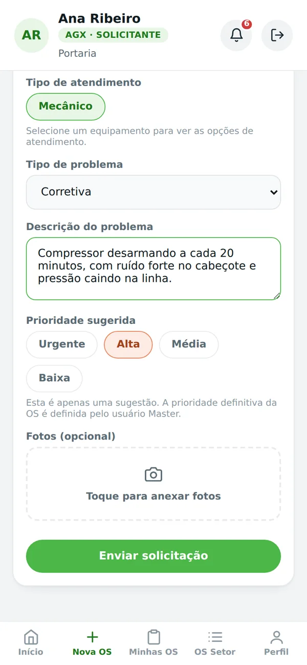 Tela de nova solicitação de manutenção
