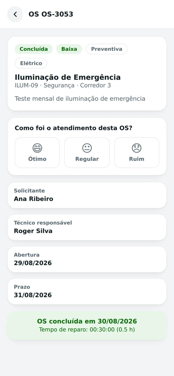 Avaliação de satisfação da OS concluída